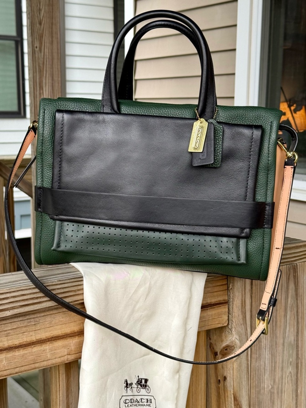 Coach Bleeker Pinnacle Carryall Satchel Crossbody Green Black Tan with COA